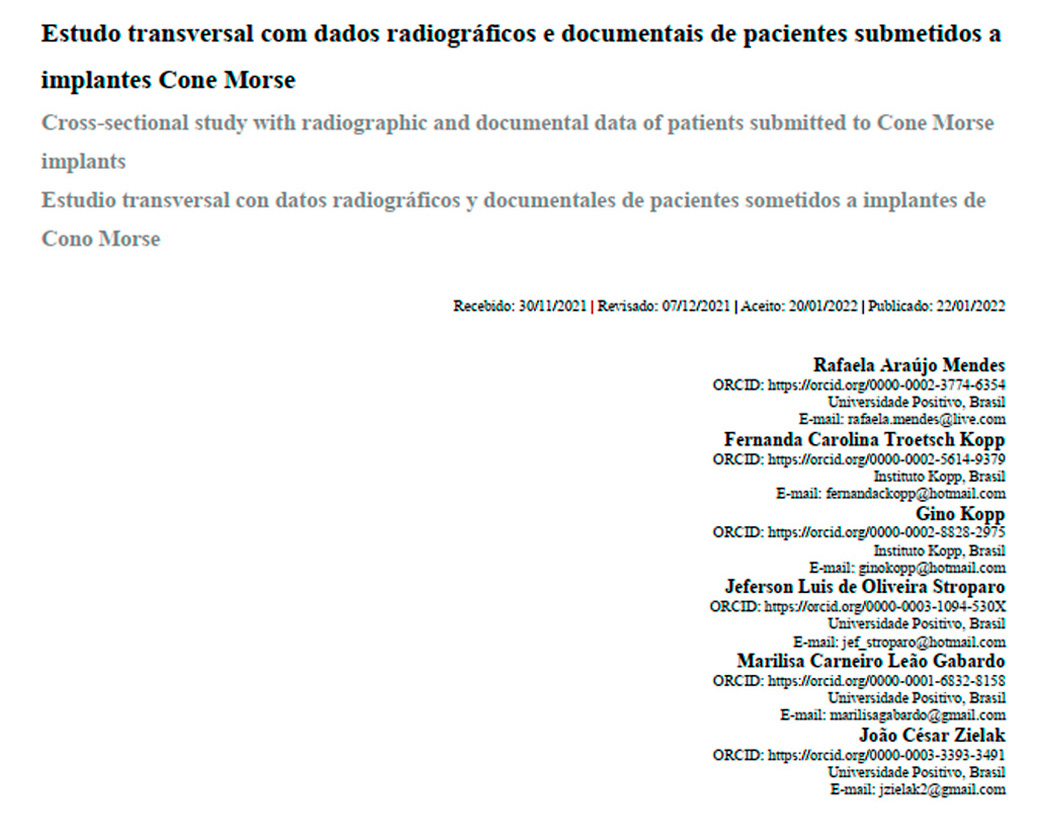 Estudo transversal com dados radiográficos e documentais de pacientes submetidos a<br>implantes Cone Morse